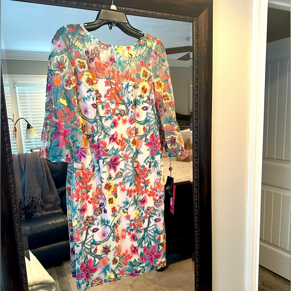 Adrianna Papell Boat Neck 3/4 Bell Sleeve Floral Dress